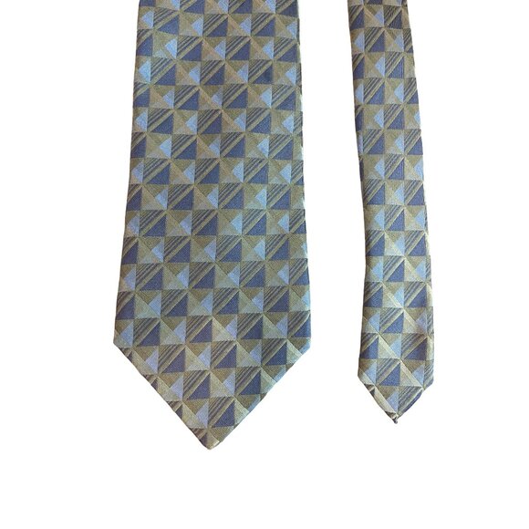 Van Heusen Mens Silk Neck Tie Blue Tan Square Geometric Work Dad Gift - Picture 2 of 6